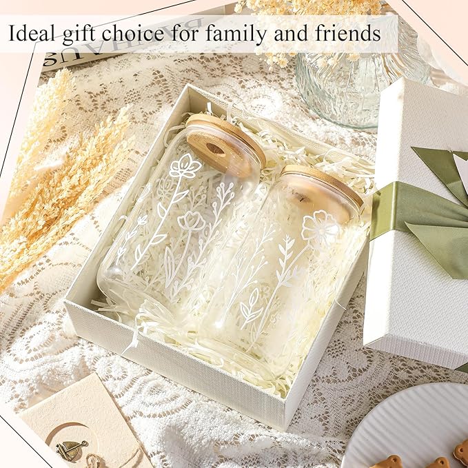 Mumufy Gift for Women Cute Glass Cup Tumbler Flower Iced Coffee Mugs 16 oz Glass with Bamboo Lid & Straw, Mothers Day Birthday Gift for Mom Sister Bridesmaid Baby Shower(2 Pack,Boho Floral)