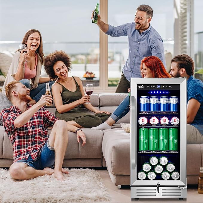 15 Inch Beverage Refrigerator and Cooler - 125Cans Capacity Mini Beer Drink Fridge with Glass Door and Lock Under Counter Built-in or Freestanding - for Soda, Beer, Wine - for Home Bar Kitchen