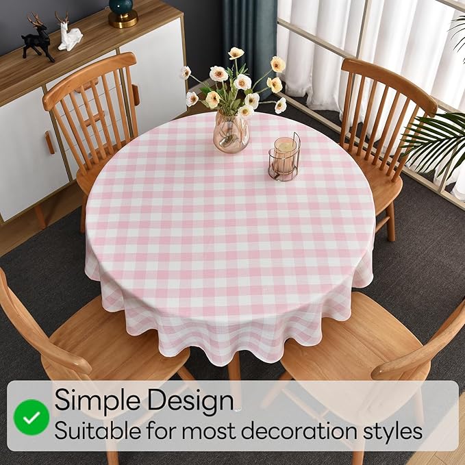 Gingham Table Cloth for Round Tables Pink Checkered Plaid Tablecloth Heavy Duty Cotton Blend Washable & Wrinkle Table Cover for Outdoor Kitchen Dining Picnic Camping (53 inch Diameter)