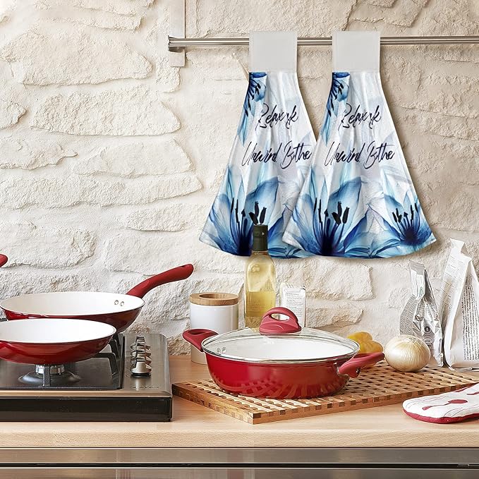 Giwawa Relax Soak Unwind Breathe Hand Hanging Towel Blue Flower Kitchen Tie Towels Set of 2 Dish Cloths Durable for Bathroom Laundry Room