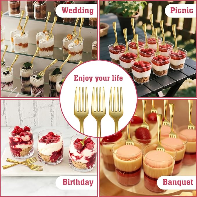 100 PCS Gold Mini Forks Heavy Duty, 4 inch Gold Plastic Fork, Mini Forks for Appetizers, Dessert Fork Disposable, BPA Free, Food Safe, Suitable for All Occasions