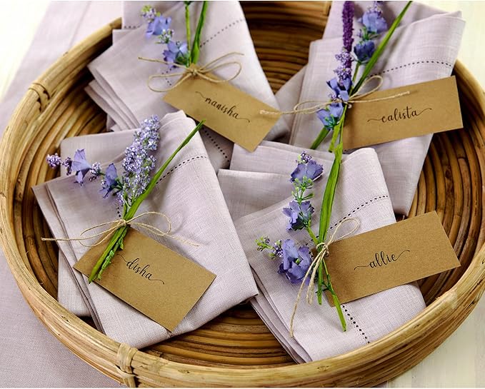 Solino Home Linen Napkins Set of 4 - Classic Hemstitch 100% Pure Linen Lilac Dinner Napkins Cloth 20 x 20 Inch for Valentines - Handcrafted and Machine Washable