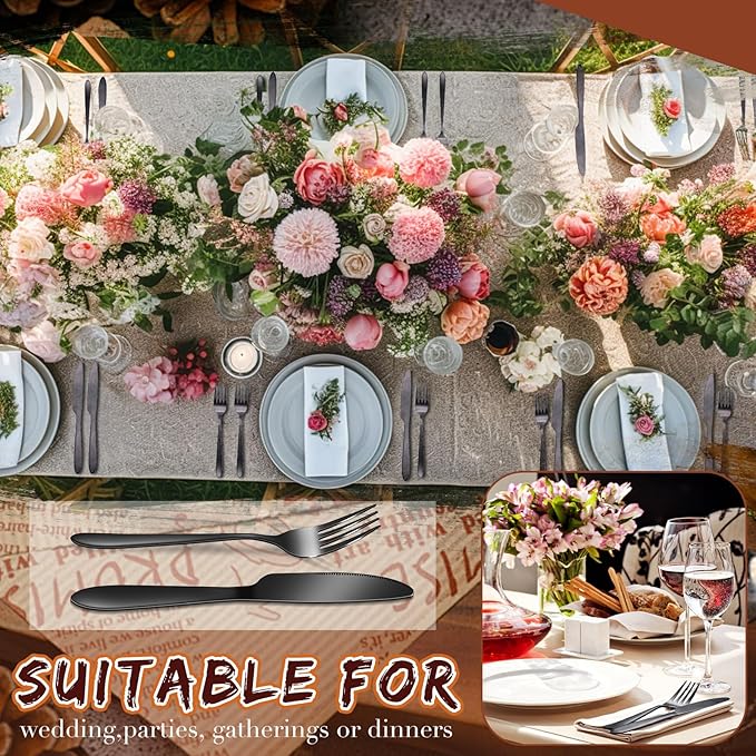 Nuenen 50 Pieces Stainless Steel Forks Silverware Set Dinner Forks and Knives Flatware Tableware Cutlery Set for Kitchen Restaurant(7.1 x 1 Inch, 8.4 x 0.7 Inch,Black)