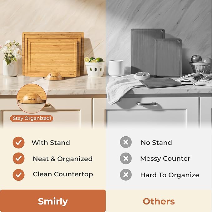 SMIRLY Wooden Cutting Boards For Kitchen Meal Prep & Serving - Bamboo Cutting Board Set with Holder, Charcuterie & Chopping Board, Wood Cutting Board Set, Kitchen Gadgets
