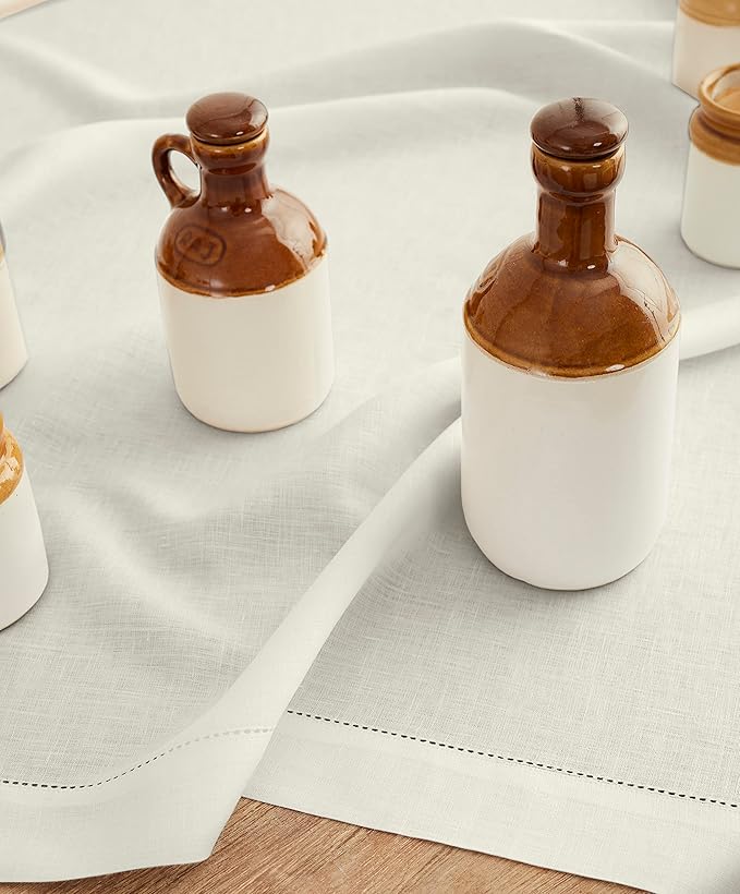 Solino Home Ivory Linen Tablecloth 52 x 52 Inch - 100% Pure Linen Square Table Throw - Classic Hemstitch, Machine Washable Table Cloth for Holiday, New Year