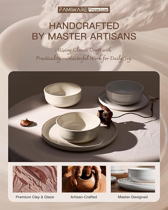 Stoneware Dinnerware Dishes Set for 8, 24 Pieces Plates and Bowls Sets, Spiral Flared Tableware with Speckles & Reactive Glaze - Microwave and Dishwasher Safe, White