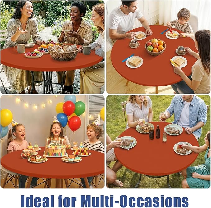 Round Spandex Thanksgiving Tablecloth, Elastic Fitted Waterproof Tablecloths for 57"-68" Tables, Stretch Washable Picnic Table Cover for Camping, Dining, Indoor and Outdoor, Rust