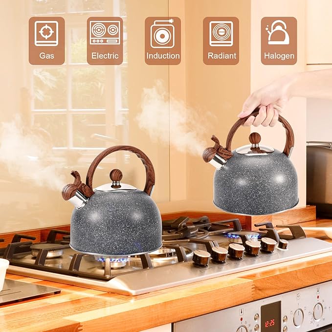 GGC 2.7QT/3L Whistling Tea Kettles for Stove Top, Stainless Steel Tea Kettle with for Boiling Water Milik or Coffee, Starry Gray Tea Pots with Wooden Anti Heat Handle