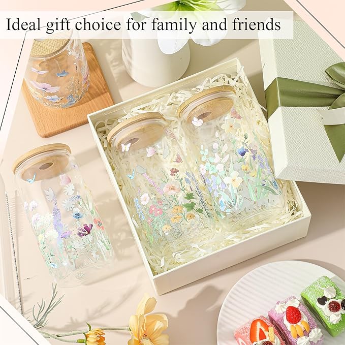 Mumufy 4 Pcs Gift for Women Wild Flower Glass Cup Tumbler Butterfly Iced Coffee Mugs 16 oz Glass with Bamboo Lid & Straw, Christmas Mothers Day Birthday Gift for Mom Sister Bridesmaid Baby Shower