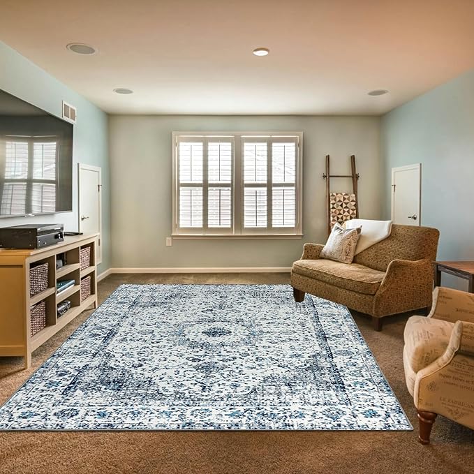 Easy-Going Large Area Rug 8x10 Washable Boho Rugs for Living Room Non-Slip Bedroom Rug Low Pile Lightweight Floral Print Vintage Throw Rug for Dining Room Kitchen Home Office Carpet, Blue Cream