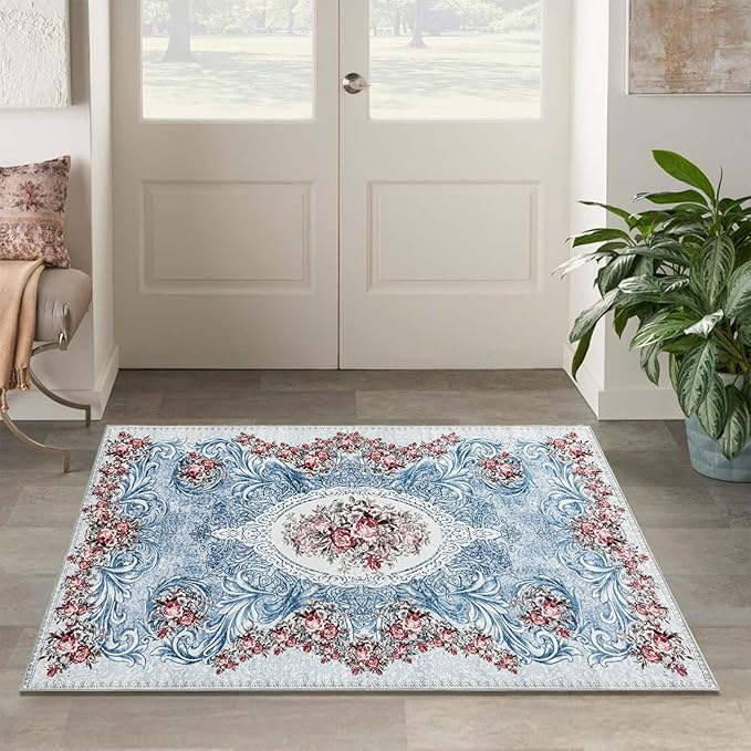 Easy-Going Area Rug 4x6 Washable Floral Rugs for Living Room Non-Slip Bedroom Rug Low Pile Lightweight Retro Flowers Throw Rug for Dining Room Kitchen Home Office Carpet, Teal Red