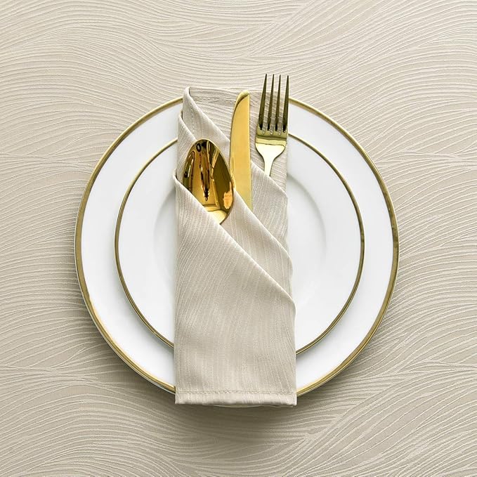 maxmill Jacquard Cloth Napkin 20 x 20 Inch Swirl Pattern Solid Washable Polyester Dinner Napkins Set of 4 Pieces with Hemmed Edges for Family Holiday Dinners Weddings Parties and Banquets Beige