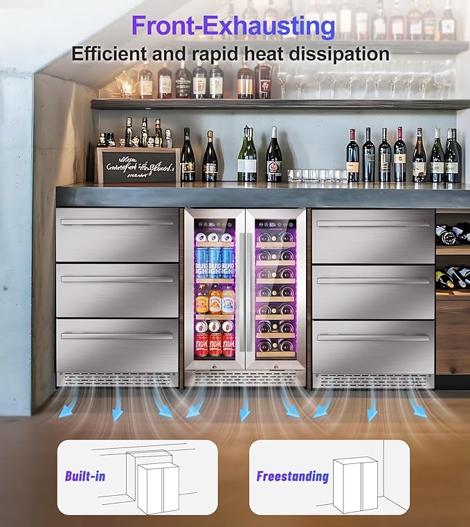 3 LED Wine and Beverage Refrigerator, 90 Can & 21 Bottle Dual Zone Stainless-Steel Wine Beverage Cooler, 24 Inch Built-In or Freestanding Wine and Drink Fridge Fast Cooling for Home/Kitchen
