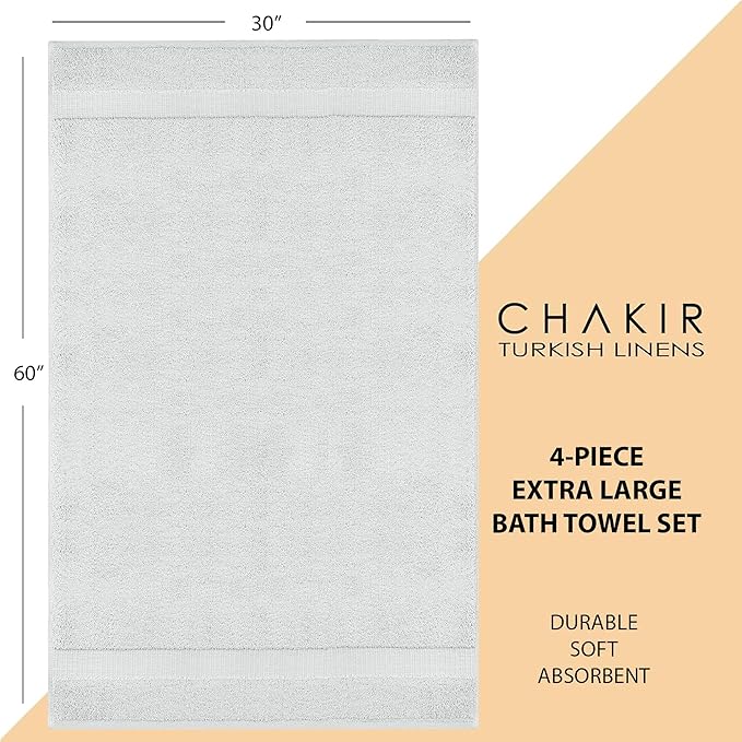 Chakir Turkish Linens | Hotel & Spa Quality 100% Cotton Luxury Turkish Towels | Soft & Absorbent (30x60 Inches Extra Large Bath Towels, Set of 4 - Silver)