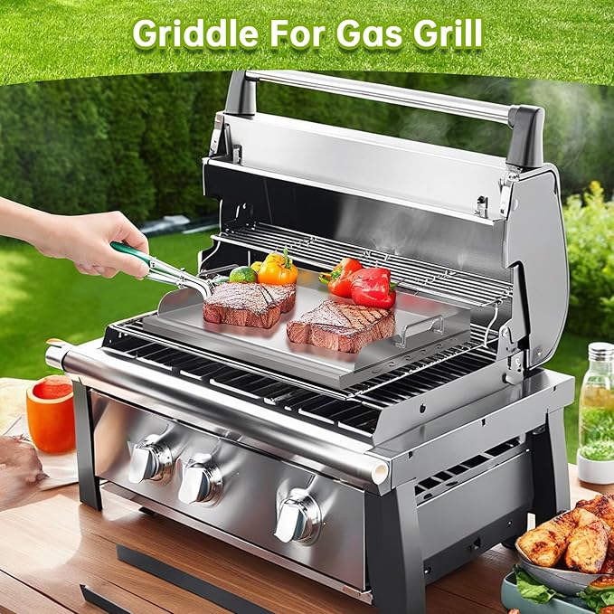 Universal Stainless Steel Griddle Flat Top Plate with Even Heating Bracing for BBQ Charcoal and Gas Grills, Camping, Tailgating, and Parties,with Grease Groove and Removable Handles (17" x 13")