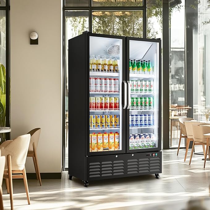 BODEGACOOLER Commercial Merchandiser Refrigerator, 2 Glass Door Display Refrigerator, 27.02 Cu.Ft Upright Beverage Display Cooler with Soft LED Light, Adjustable Shelves, 4 Strong Castors(Black)