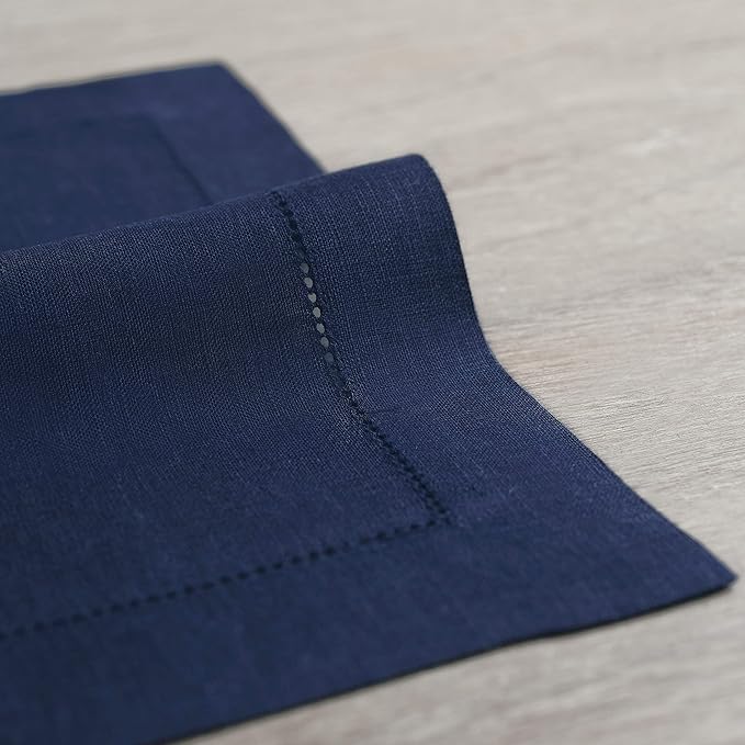 Solino Home Linen Cloth Placemats Set of 6-100% Pure Linen Hemstitch Navy Blue Placemats 14 x 19 Inch - Classic Hemstitch Table Place Mats for Holiday, Winter, New Year