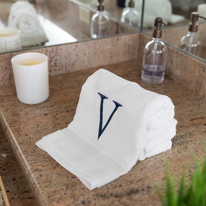Monogrammed Hand Towels for Bathroom - Luxury Hotel Quality Personalized Initial Decorative Embroidered Bath Towel for Powder Room, Spa - GOTS Organic Certified - Set of 2 Navy Letter V