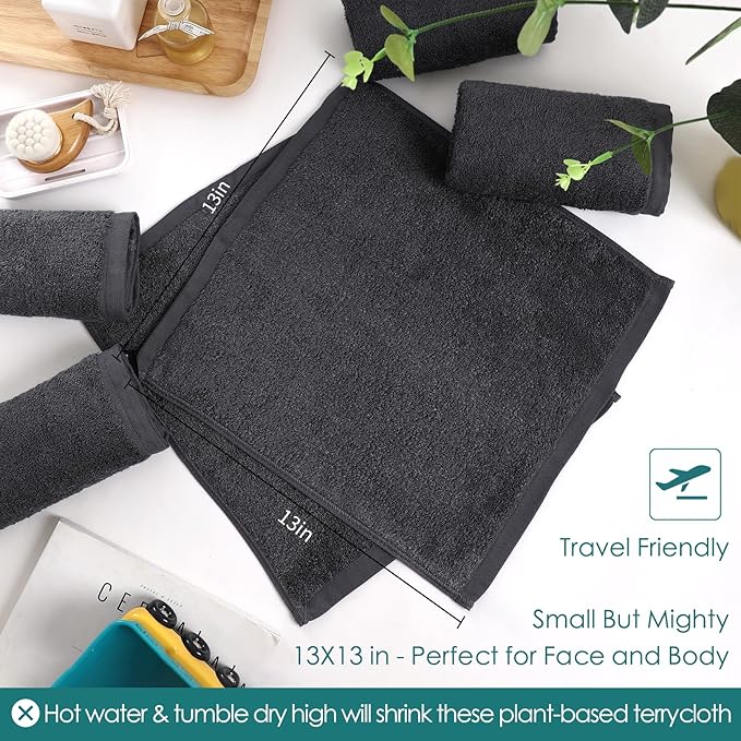 Reusable Makeup Remover Towels, 13x13 inch Large Bath Washcloths for Face and Body, Super Soft and Gentle Face Towels on Sensitive Skin, Easy to Clean Fast Dry Dark Grey Facial Cleansing Cloths