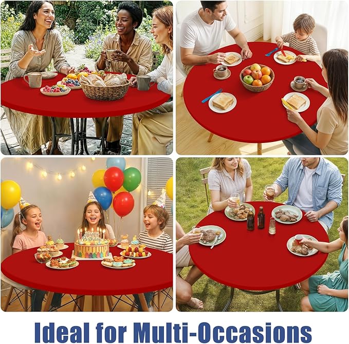 Round Spandex Christmas Tablecloth, Elastic Fitted Waterproof Tablecloths for 31"-35" Tables, Stretch Washable Picnic Table Cover for Camping, Dining, Indoor and Outdoor, Red