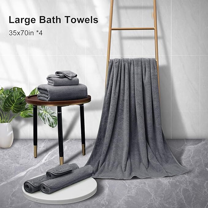 CHINO Large Bath Towels 35x70 Inch, Quick Dry, Soft Absorbent, Oversized Microfiber Shower Towels for Adults, Hotel Spa (4 Pcs Dark Grey)