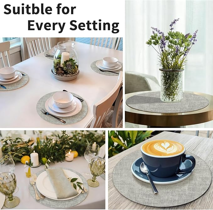 Maxpearl Round Placemats Set of 6, 13.8 inch Faux Leather Heat Resistant Table Mats, Non Slip Waterproof Wipeable Place Mats for Kitchen Dining Holiday Party Table Settings, Grey