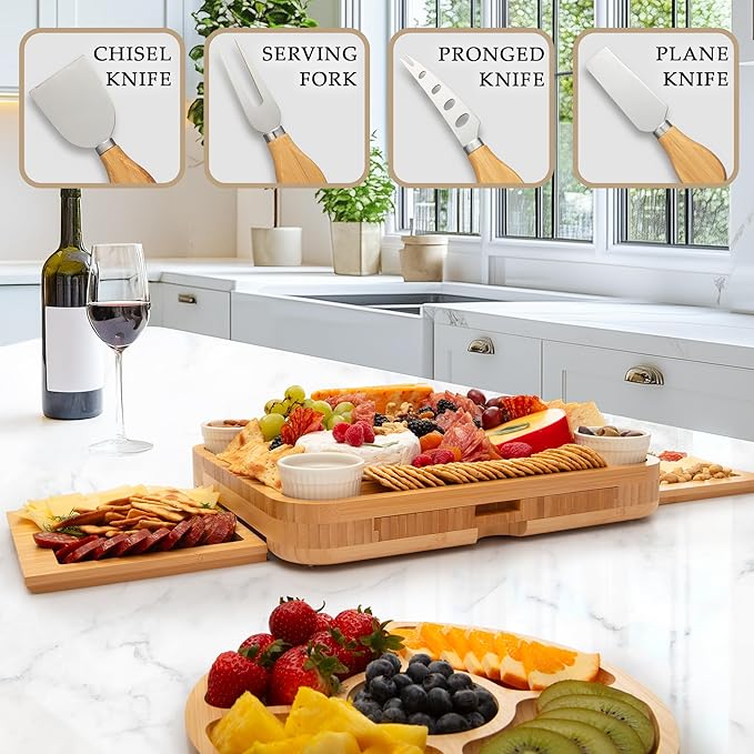 Zulay Charcuterie Board Set Extra Large - Great White Elephant Gift, Housewarming Gift for New Home, Bamboo Cheese Board - Charcuterie with Accessories, Wine and Cheese