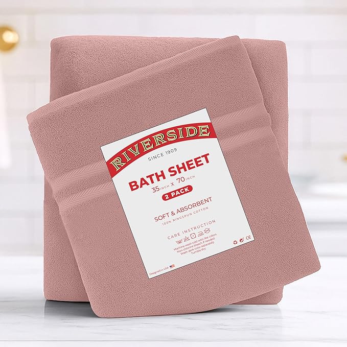 RIVERSIDE Pack of 2 Extra Large Bath Sheets 35 x 70 Inches - 100% Ring Spun Cotton Hotel Quality Oversized Bath Towels - Super Soft, Highly Absorbent & Quicker to Dry - Dusty Rose