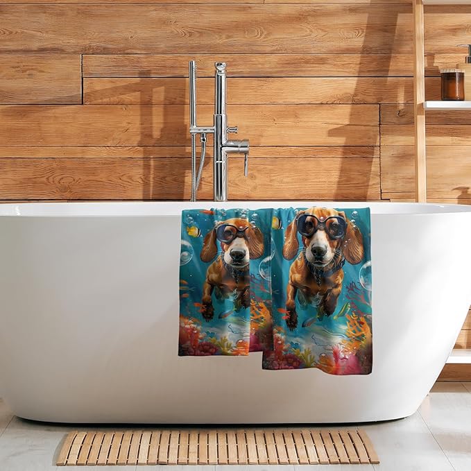 Imiss Funny Dog Hand Towels Set of 2 Sea Ocean Themed Small Bath Towel Guest Towels 14.4 x 28.3 Inch for Kitchen,Dish,Gym,Spa