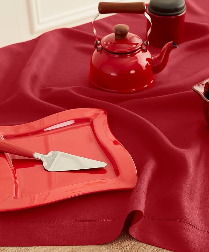Solino Home Red Linen Tablecloth 52 x 52 Inch - 100% Pure Linen Square Table Throw - Classic Hemstitch, Machine Washable Table Cloth for Valentines, New Year