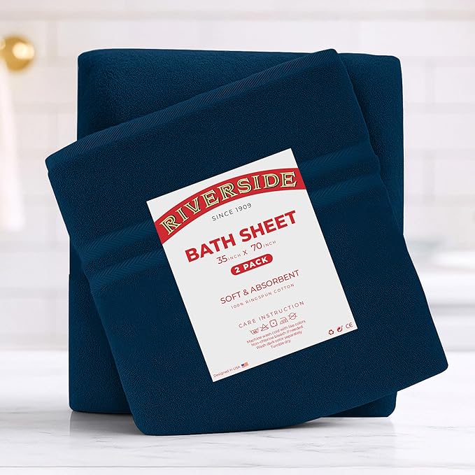 RIVERSIDE Pack of 2 Extra Large Bath Sheets 35 x 70 Inches - 100% Ring Spun Cotton Hotel Quality Oversized Bath Towels - Super Soft, Highly Absorbent & Quicker to Dry - Blue Opal