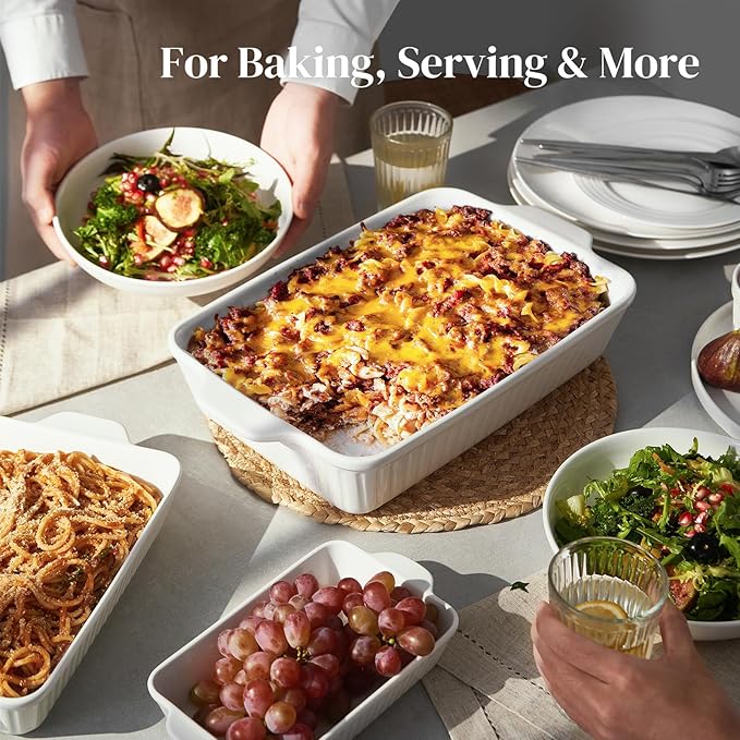 DOWAN Casserole Dishes for Oven, Baking Dishes Set, Ceramic Bakeware Sets of 3, Lasagna Pan Deep, Rectangular Baking Pan Set with Handles for Baking, Casserole, Kitchen, Wedding Gift, Soft White (15.6''/12.2''/8.9'')