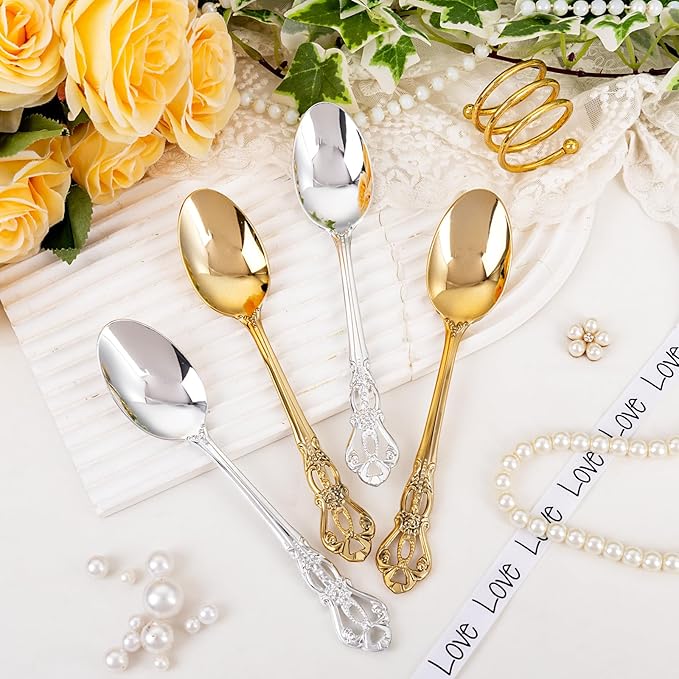 30PCS Silver Plastic Spoons - Silver Spoons Disposable - 8.1 Inch Heavy Duty Plastic Silverware - Heavyweight Elegant Disposable Utensils for Catering, Parties, Dinners, Weddings