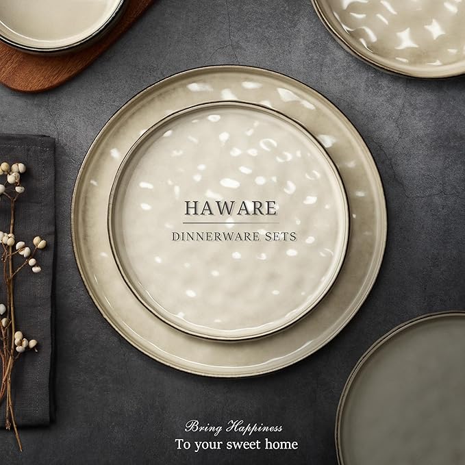 HaWare Dinnerware Sets, 16-Piece Plates and Bowls Set, Stoneware Dish Set for 4, Ceramic Dishware Set for Pasta Cereal, Chip and Scratch Resistant, Microwave and Dishwasher Safe, Saturn Khaki
