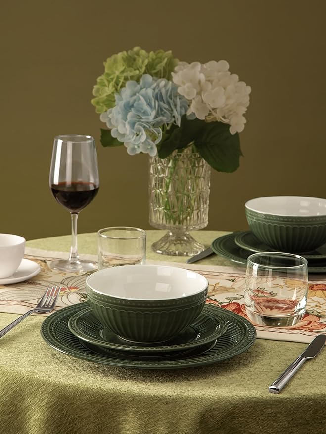 Famiware Garden Plates and Bowls Sets, 18-Piece Dishes Set for 6, Scratch Resistant Kitchen Dishes Dinnerware Set - Microwave and Dishwasher Safe, Reactive Glaze and Embossed Stoneware, Dark Green