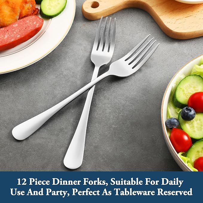 12 Piece Dinner Forks Set, Food-Grade Stainless Steel Silverware Forks, Cutlery Fork, Metal Fork for Home, Kitchen or Restaurant, Mirror Polished, Dishwasher Safe - 8 Inch