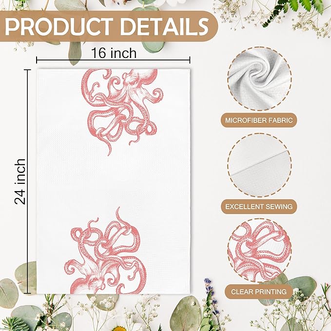 Coastal Pink Octopus Beach Decor Dish Hand Tea Towels for Bathroom Kitchen, Girly Octopus Ocean Nautical Beachy Bathroom Decor, Coastal Kitchen Towels and Dishcloths Sets of 2, 16x24 Inch