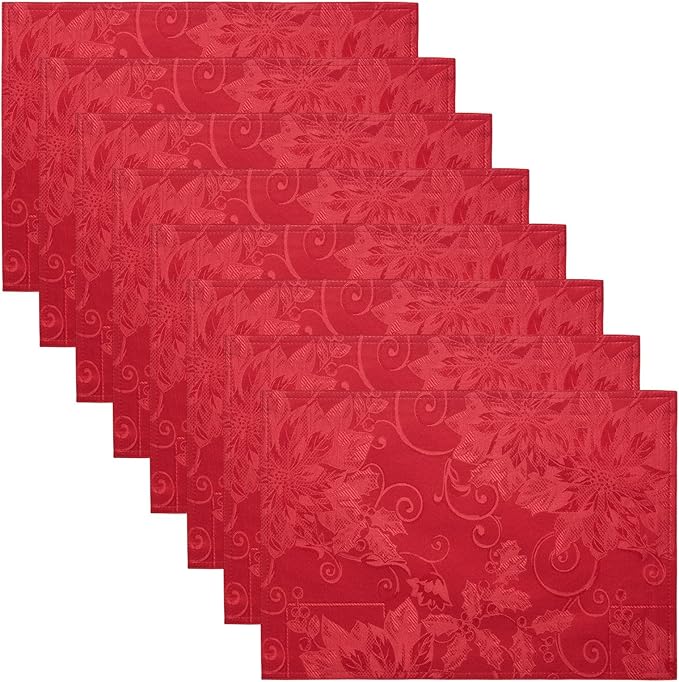 Cloth Place Mats Set of 8–Reusable Rectangular Waterproof Fabric Polyester Washable Wipeable Heat Resistant jacquard floral flowers for Kitchen Dining Dinner Wedding Table(Dark Red/13x19 Inch)