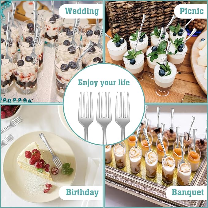 100 PCS Silver Mini Forks Heavy Duty, 4 inch Silver Plastic Fork, Mini Forks for Appetizers, Dessert Fork Disposable, BPA Free, Food Safe, Suitable for All Occasions