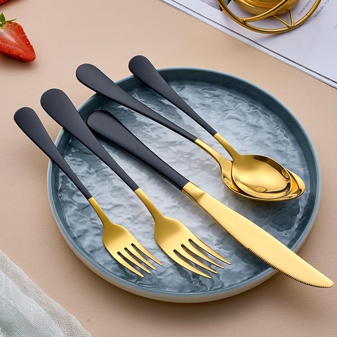 20-Piece Gold and Black Silverware Set for 4, 18/0 Stainless Steel Flatware Cutlery Utensils Set, Include Dinner Knives,Dinner Forks,Dinner Spoons,Salad Forks,Teaspoons,Dishwasher Safe