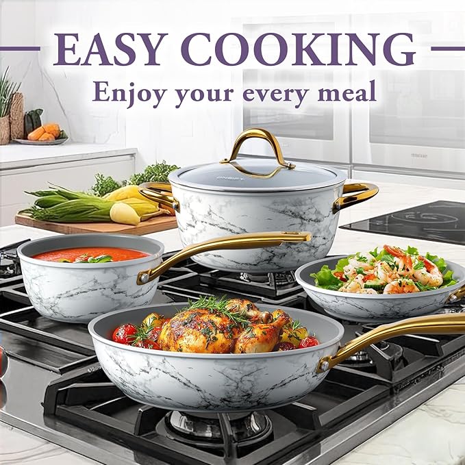 16Pcs Nonstick Cookware Sets, Kitchen Pots and Pans Set Non Stick for Cooking, Non Toxic Induction Cookware, Oven & Dishwasher Safe, Mable White