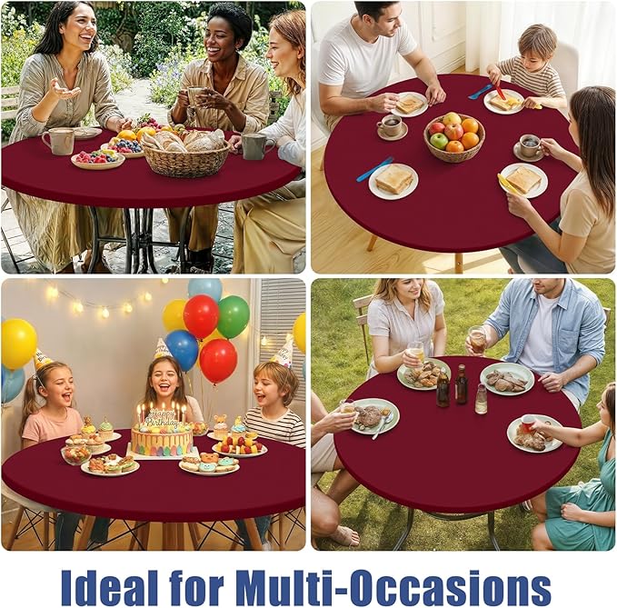 Round Spandex Tablecloth, Elastic Fitted Waterproof Tablecloths for 36"-44" Tables, Stretch Washable Picnic Table Cover for Camping, Dining, Indoor and Outdoor, Wine Red