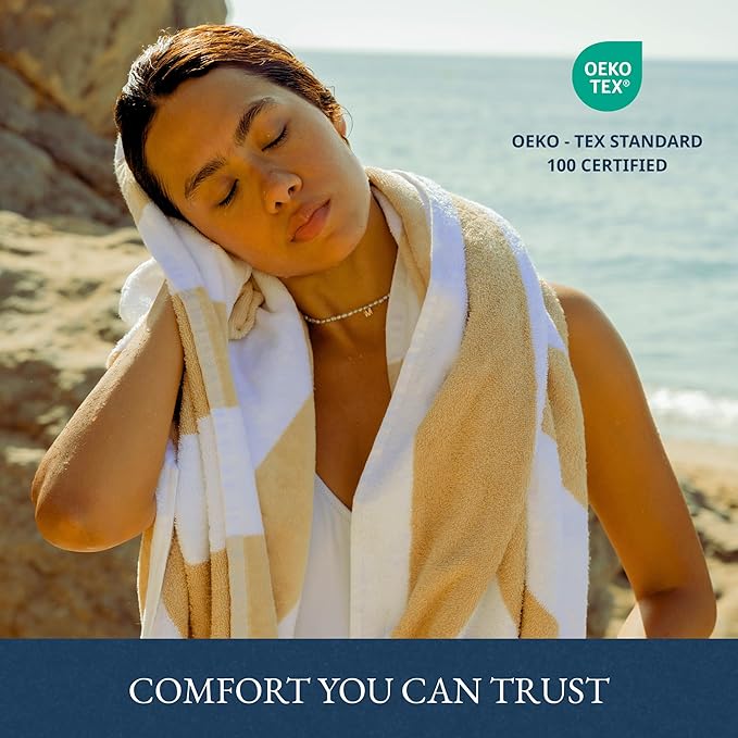 LANE LINEN 100% Cotton Beach Towel - Pack of 2, Cabana Stripe Pool Towels, Oversized Beach Towels for Adults (30" x 60”), Super Absorbent, Large Beach Towels, Quick Dry Towel - Biege