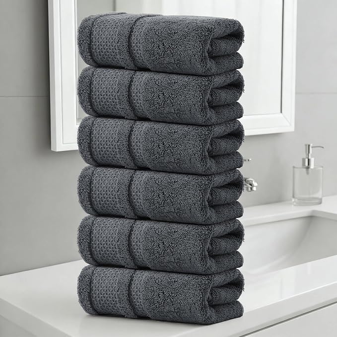 REDKISS Luxury Washcloths for Showering, 13x13 inch, 100% Cotton Premium Wash Cloths Set of 6, Super Soft and Highly Absorbent Face Towels for Bathroom, Spa, Gym and Hotel, Blue Gray