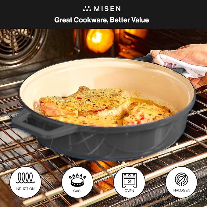 Misen 5.5 QT Braiser – Enameled Cast Iron Pan for Searing, Braising & Slow Cooking – No-Chip Enamel Coating – Extra-Wide Handles – Superior Heat Retention & Even Cooking - Black