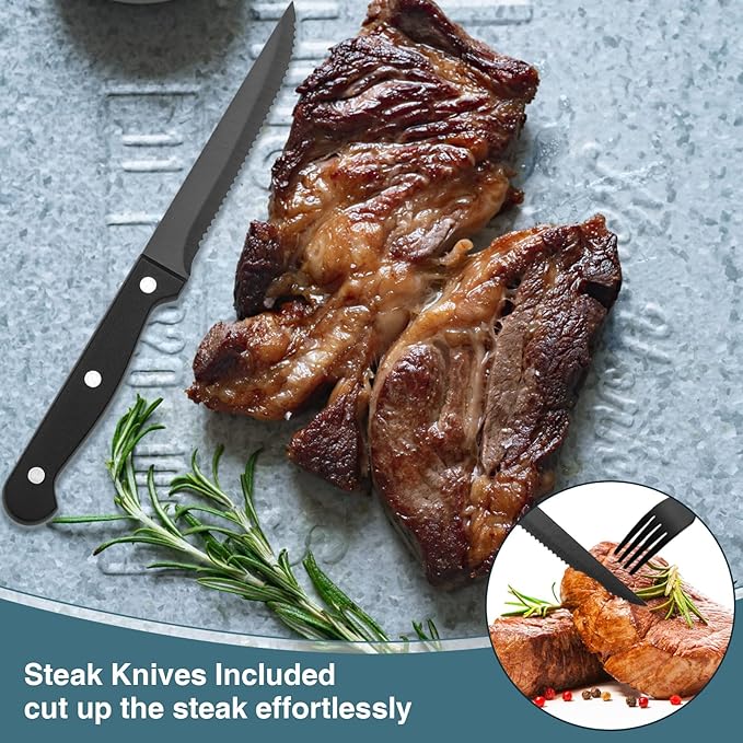 Black Silverware Set, Umite Chef 49-Piece Flatware Set with Drawer Organizer, Durable Stainless Steel Cutlery Set for 8, Tableware Eating Utensils with Steak Knives for Home Restaurant