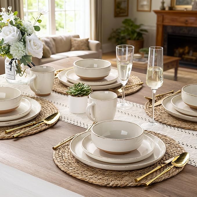 AmorArc 18 Pieces Ceramic Dinnerware Sets for 6, Handpainted Stoneware Plates and Bowls Set with Rustic Terracotta Underside, Scratch Resistant Dishes Set, Dishwasher & Microwave Safe