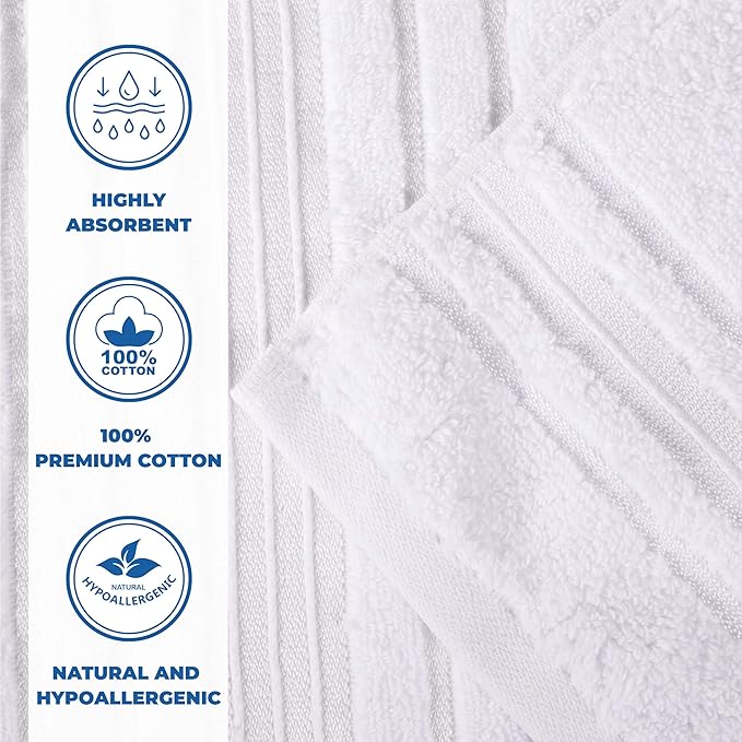 Superior Cotton 8 Piece Assorted Floral Towel Set, Includes 2 Bath, 2 Hand, 4 Washcloth/Face Towels, Quick Dry, Home Essentials, Shower, Spa, Luxury Plush Soft Absorbent Towels, Zero Twist, White