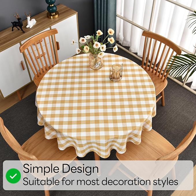 Gingham Table Cloth for Round Tables Yellow Checkered Plaid Tablecloth Heavy Duty Cotton Blend Washable & Wrinkle Table Cover for Outdoor Kitchen Dining Picnic Camping (53 inch Diameter)