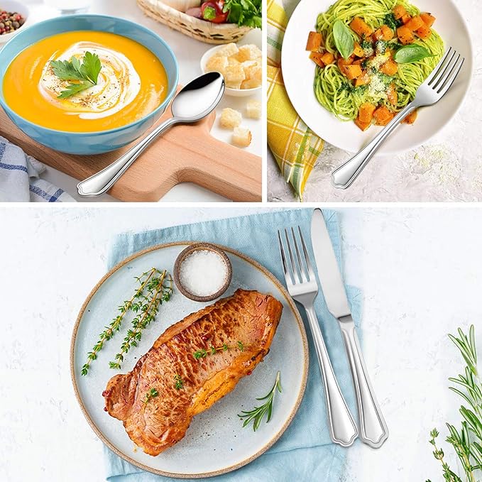 40-Piece Silverware Set, E-far Stainless Steel Flatware Cutlery Set Service for 8, Metal Tableware Eating Utensil Set, Dinner Knives/Forks/Spoons, Scalloped Edge & Mirror Polished - Dishwasher Safe